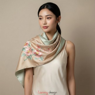 Beige silk scarf hand-embroidered with flowers  55*200 cm- Different  models